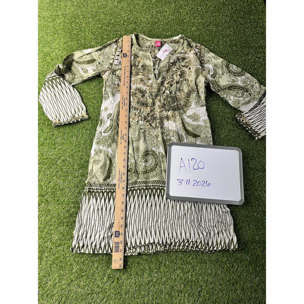 Raj Green Printed Cotton Kurti Top Medium Long Tunic Dress Side Slits Semisheer